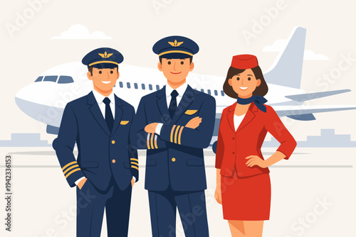 Professional Airline Crew Illustration with Two Male Pilots and a Female Flight Attendant in Uniform Standing in Front of a Commercial Airplane at the Airport Runway Flat Vector Design