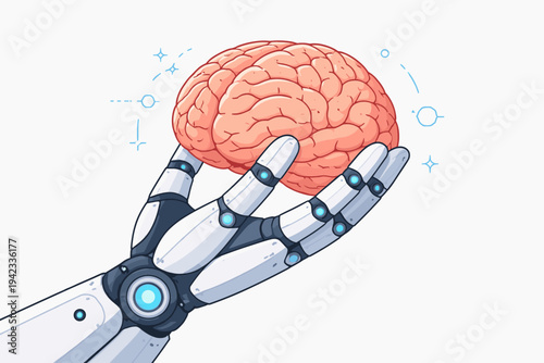 Vector illustration of a white robotic hand holding a human brain, representing artificial intelligence, machine learning, future technology, neural networks, and the fusion of man and machine.
