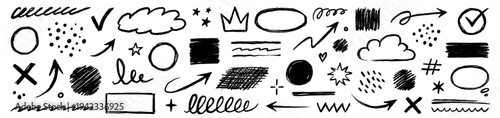 Hand drawn crayon line, arrow, circle chalk texture shape set. Doodle hand drawn scribble chalk brush stroke arrow, underline, dot elements. Black check, cross grunge mark. Vector illustration