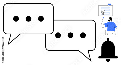 Communication, brainstorming, notification, messaging, creativity, information sharing, teamwork. Chat bubbles person an idea and a bell icon. Communication and brainstorming concepts