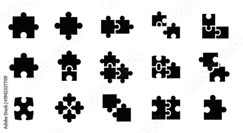 Collection of puzzle piece icons representing strategy, connection, and problem-solving in a simple, graphic style