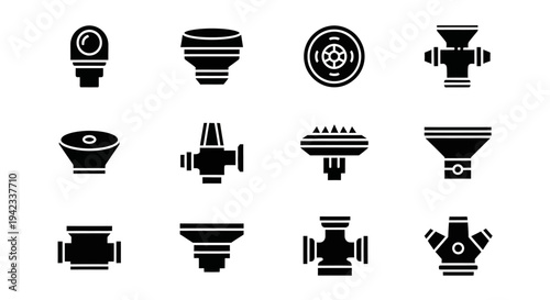 Collection of industrial plumbing and pipe fitting icons in black and white