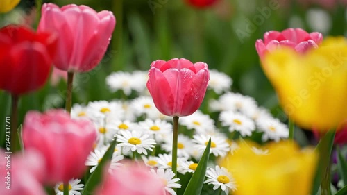 Vibrant Spring Bloom - A Field of Colorful Tulips and Daisies in Full Glory.