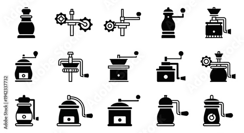 Collection of stylized vintage manual coffee grinders and pepper mills as flat icons on a white background