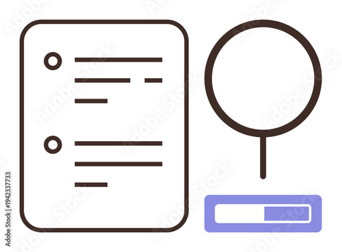 Information search, data analysis, research tools, documentation review, process tracking, user interface design. A document list, magnifying glass and progress bar are . Information search and data