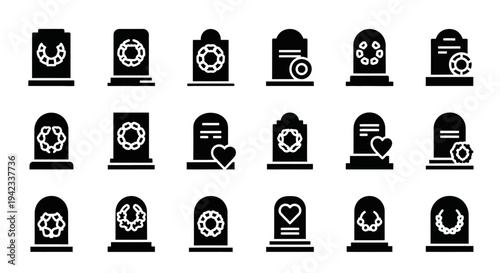 Set of various tombstone and gravestone icons with decorative elements like wreaths and hearts, representing remembrance and solemnity