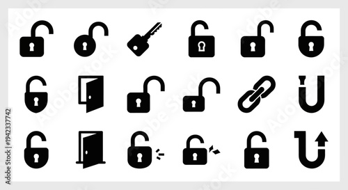 Collection of security and access icons, including locks, keys, and doors, representing digital and physical safety concepts