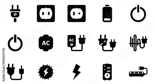 Collection of electrical power and energy symbols, including plug, socket, battery, power button, and lightning icons for technology and digital concepts