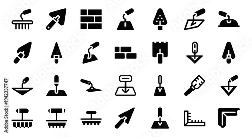 Construction tools icons set representing trowels, bricks, brushes, and masonry equipment for building and renovation projects