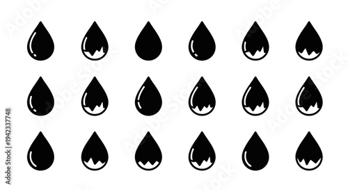 Collection of eighteen black oil drops or ink droplets on a white background representing liquid or fluid
