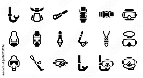 Collection of Diving Equipment Icons Snorkel, Mask, Regulator, and Buoyancy Compensator