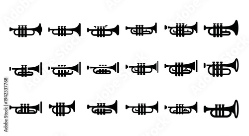Collection of trumpet icons in black and white, representing musical instruments and sound