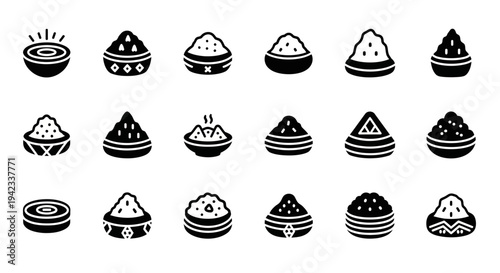 Collection of Black and White Icons Representing Bowls of Rice in Various Styles and Presentations