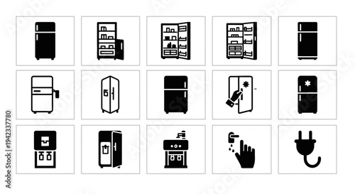 Collection of diverse refrigerator icons depicting various models, features, and functions related to cooling appliances