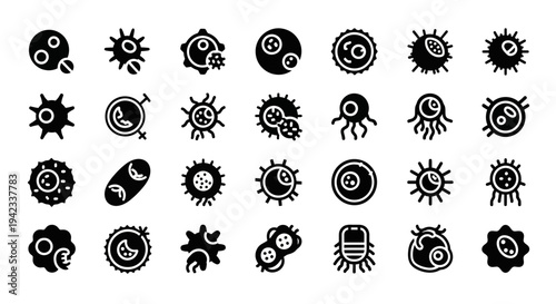 Collection of Icons Representing Microorganisms, Bacteria, Viruses, and Cellular Structures in a Scientific Context