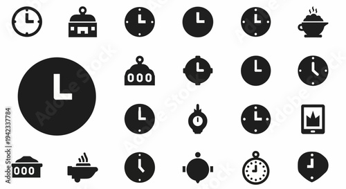 Collection of clock icons in a variety of styles including digital, analog, and abstract designs