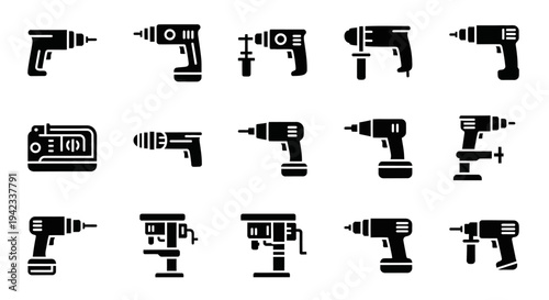 Collection of various power drill icons and symbols representing tools for construction and DIY projects