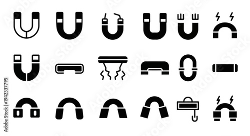 Collection of Magnet Icons Representing Different Shapes and Applications of Magnetic Force
