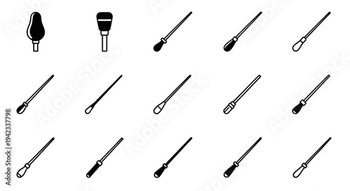 Collection of Black and White Vector Icons Representing Various Tools or Instruments with Long Handles