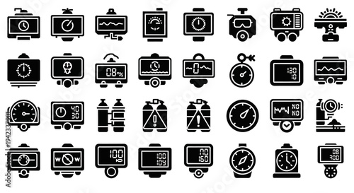 A collection of various camera icons, photography equipment, and cinematography tools displayed in a grid layout