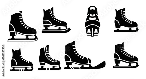 Collection of ice skates illustrations from various viewpoints on a clean background