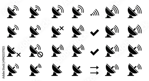 Satellite dishes with various signal and status icons displayed in a grid layout on a simple background from a straightforward viewpoint