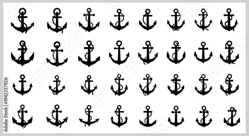 Collection of black anchor symbols arranged in a grid pattern on a plain white background viewed from directly above