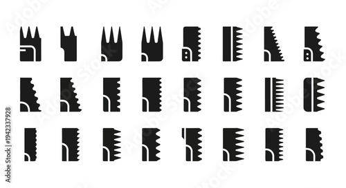 Collection of various black comb icons on a white background displayed in a grid pattern from a direct viewpoint