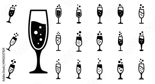 Collection of champagne flutes and glasses illustrations in various styles and states of celebration