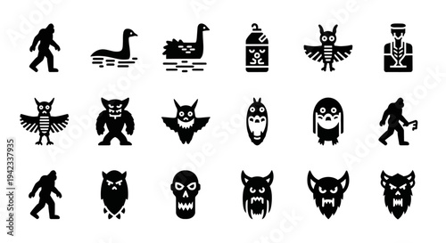 Collection of black silhouettes featuring various animal and monster designs on a plain white background