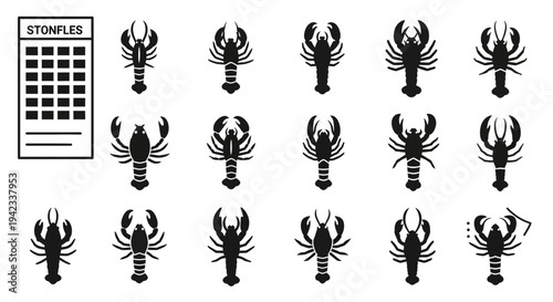 Collection of black scorpion silhouettes in various poses on a clean white background viewed from directly above