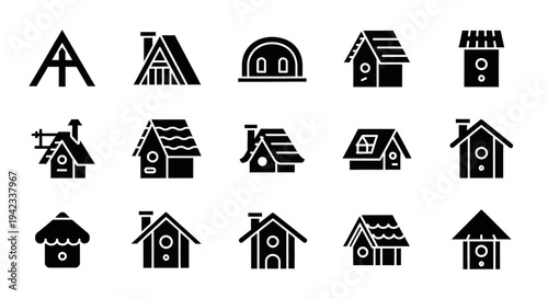 Collection of simple black house icons on a plain background viewed from various angles and styles