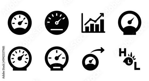 A collection of monochrome dashboard icons representing various vehicle gauges and controls displayed on a clean white background