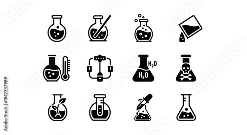 Collection of Laboratory Equipment Icons Representing Scientific Experiments and Research