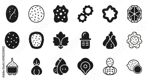 Collection of black and white icons representing various objects and symbols