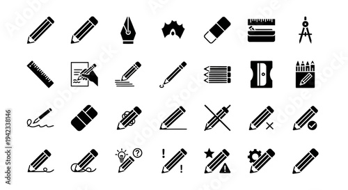 Collection of various stationery and office supply icons displayed in a grid layout