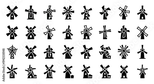 Collection of various windmill icons in different styles and designs arranged in a grid pattern on a plain white background