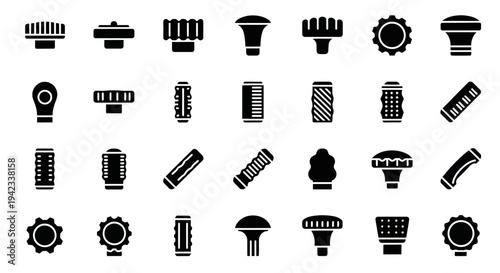 Collection of industrial icons representing machinery parts and equipment in a grid layout