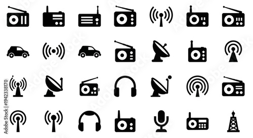 Collection of various communication and broadcasting icons displayed on a clean white background from a straightforward viewpoint