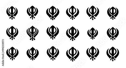 A grid of eighteen identical black Khanda symbols arranged in three rows on a white background, viewed directly from above