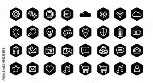 Collection of various icons representing different concepts and actions in a grid layout on a plain background