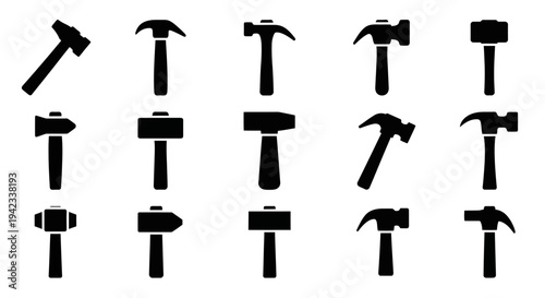 Collection of various hammer silhouettes arranged in a grid pattern on a plain background from a direct viewpoint