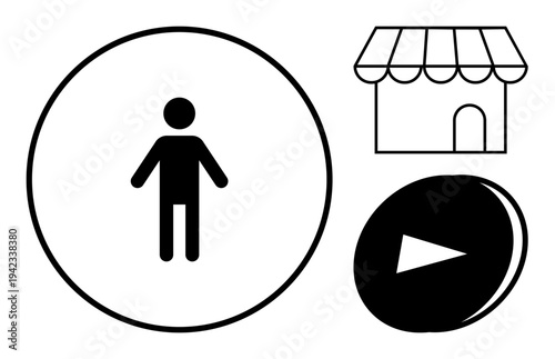 E-commerce, media platforms, online shopping, user navigation, digital marketing, interactive design. Round icon of a person, store graphic and play button. E-commerce and media platforms concept