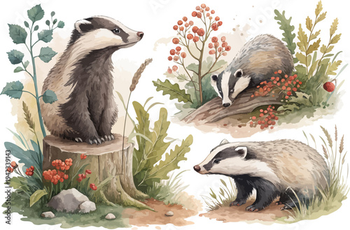 Cute Woodland Badger Watercolor Illustration, Forest Animal Clipart Isolated on White