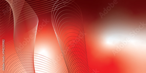 Abstract marron red and white luminous waves curving through a deep shadowy backdrop with scattered glittering micro particles, futuristic digital tech concept, vector illustration