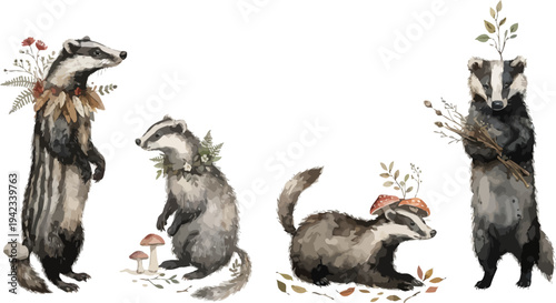 set of Watercolor Badger Clipart, Woodland Animal vector illustration 