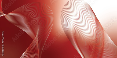Abstract marron red and white luminous waves curving through a deep shadowy backdrop with scattered glittering micro particles, futuristic digital tech concept, vector illustration