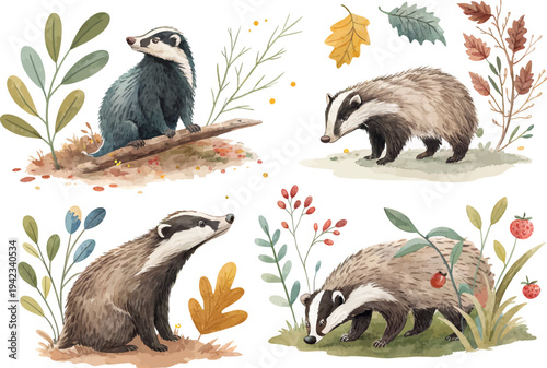 set of Watercolor Badger Clipart, Woodland Animal vector illustration isolated on white background