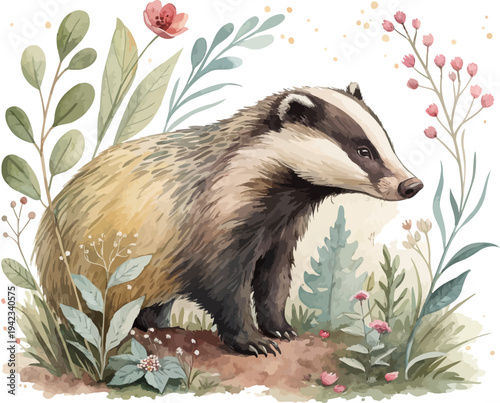 Watercolor Badger Clipart, Woodland Animal isolated on white background
