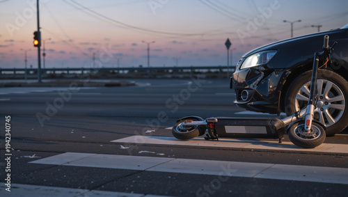 Electric scooter accident on pedestrian crosswalk. Collision between car and e-scooter at dusk. Road safety and urban traffic incident concept